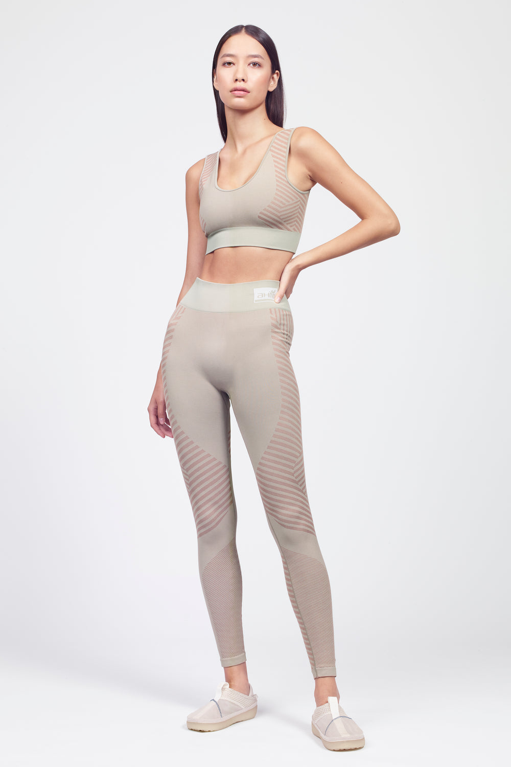 scoop neck sport bra with compression legging set in tranquil taupe